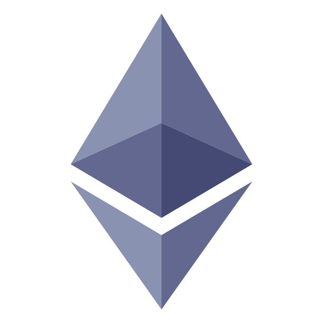 Ethereum ლოგო ბრილიანტის ფორმით ცისფერ და ნაცრისფერ ფერებში.