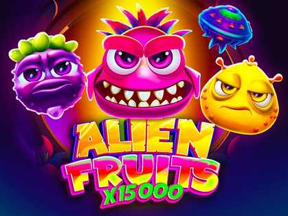 Alien Fruits X15000: Colorful, animated alien fruit characters with expressive faces set against a cosmic background.