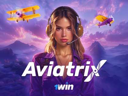 Aviatrix 1win: A young woman pilot with headphones, set against a sunset sky and an airplane in the background, with the "1win" branding.