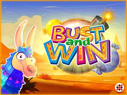 Bust and Win: An animated, colorful donkey piñata bursting open with confetti against a sunny outdoor setting.