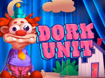 Dork Unit: A quirky clown character with colorful hair and a whimsical background.