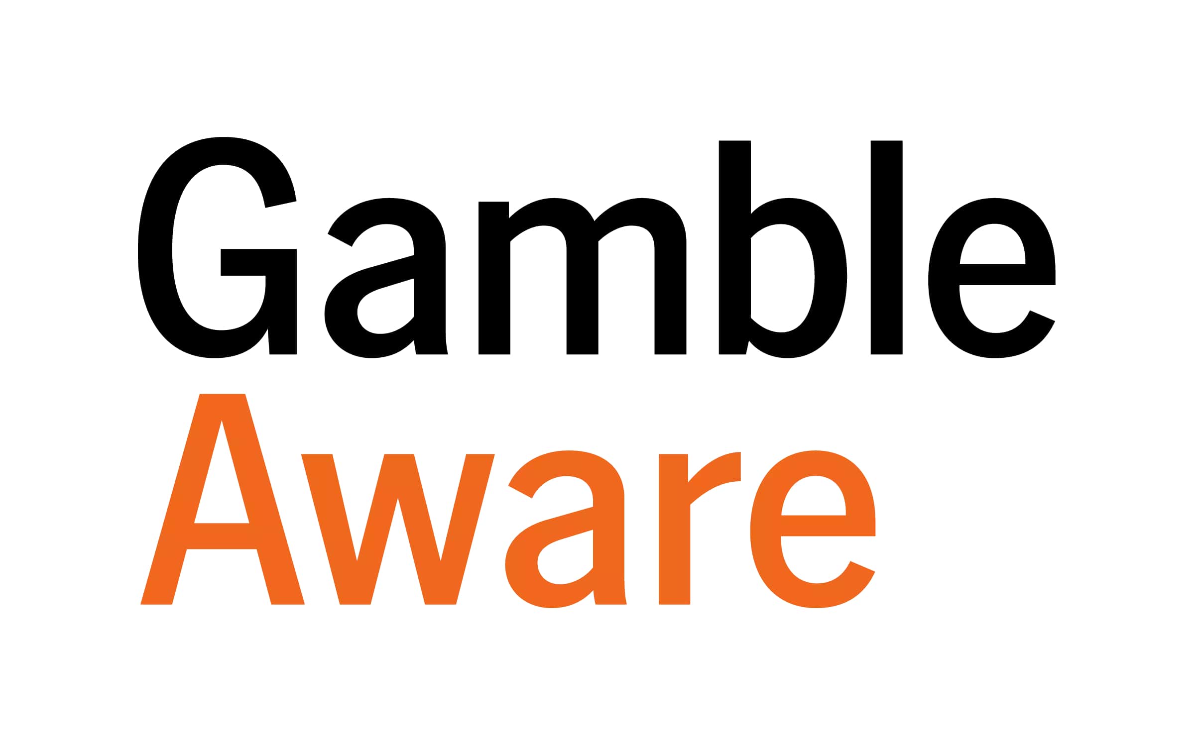 Логотип с надписью "Gamble Aware", выполненной в сочетании черного и оранжевого текста, указывающий на службу, которая продвигает безопасное отношение к азартным играм и предоставляет информацию о том, как играть ответственно.