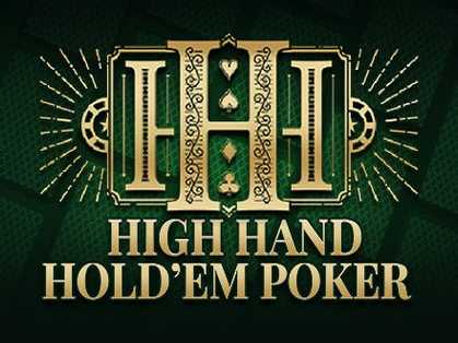 "High Hand Hold'em Poker"-ის ლოგო მუქი მწვანე და ოქროს ტონებში.