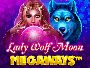 Lady Wolf Moon MEGAWAYS™: A mystical woman holding a glowing crystal ball with a blue wolf beside her, set against a purple background.