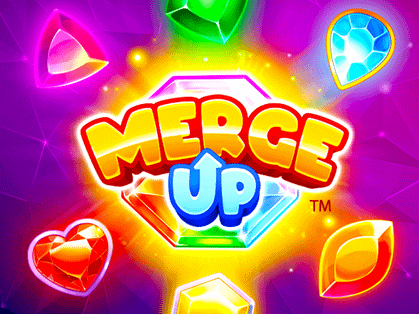 Merge Up: Brightly colored gems and shapes merging together with a glowing, vibrant backdrop.