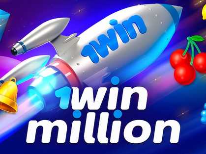 1win Million: A rocket ship with cherries taking off, set against a vibrant, blue background with the "1win" branding.