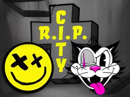 City R.I.P.: A cartoon-style cityscape with a smiling, cross-eyed cat character and a graffiti-style font.