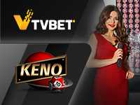 "TVBET Keno" с женщиной-ведущей в красном платье на фоне темной студии.