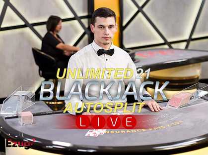 "Unlimited Blackjack Auto Split" мужчина-дилер одет в формальную одежду и стоит за современным столом для блэкджека.